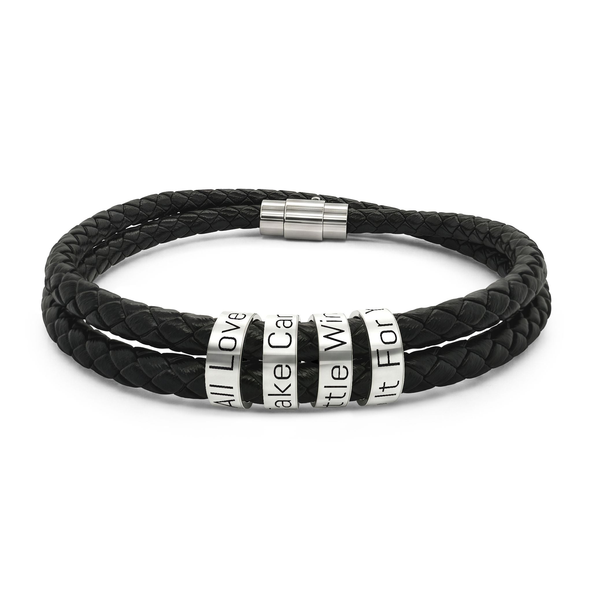 Leather Bracelet with Engraved Stainless Steel Beads | All Love · Take Care · Little Wins · Do It For You